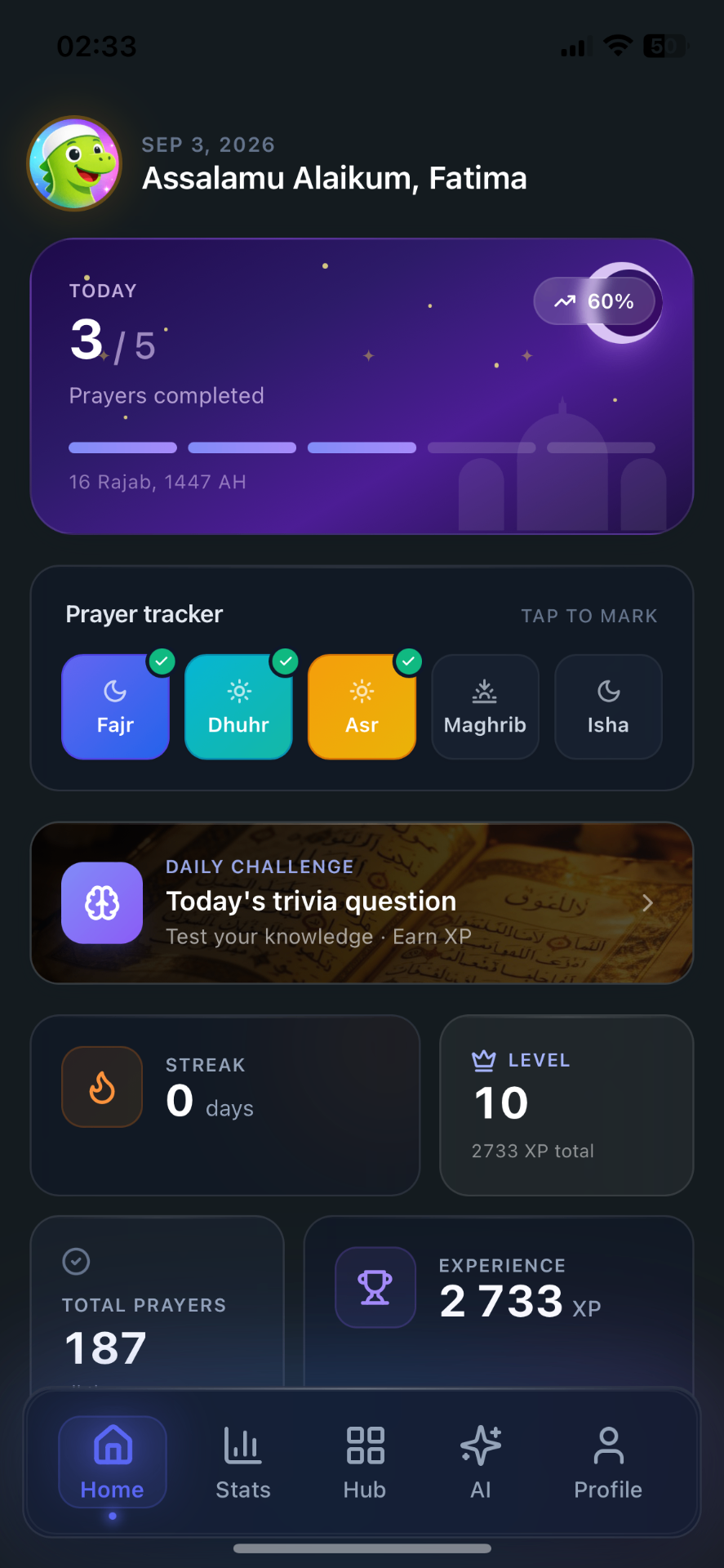 Deeno home screen with today's prayers, streak and level